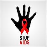 Stop AIDS sign: with black hand and red ribbon on grey background.