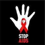 Stop AIDS sign: white hand with red ribbon on black background.