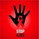 Stop AIDS sign with black hand and red ribbon on red background.