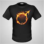 Black male t-shirt with fiery Mars sign print on grey background.