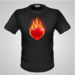 Black male t-shirt with fiery red heart print on grey background.