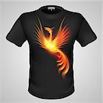 Black male t-shirt with fiery phoenix print on grey background.