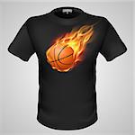 Black male t-shirt with fiery basketball print on grey background.