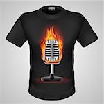 Black male t-shirt with fiery retro microphone print on grey background.