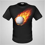 Black male t-shirt with fiery volleyball print on grey background.
