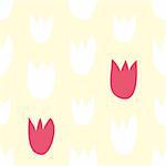 Seamless vector floral pattern with hand drawn red and white tulips on fresh sunny yellow background. Beautiful abstract vintage texture with pink flowers and cute kids background.