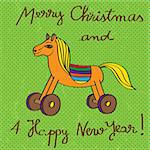 Vintage toy horse card for Christmas and The New Year's Eve, hand drawn illustratiion and text over a green grungy background with dots