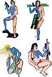 Women Cyborgs. Set of color vector illustrations. Biomechanics concept.