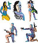 Women Cyborgs. Set of color vector illustrations. Biomechanics concept.