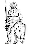 Medieval knight. Black and white vector illustration.