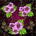 Seamless dark floral pattern with pink flowers and butterflies (vector eps 10)