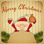 Retro Merry Christmas Card with Santa Claus and Christmas Tree. Place for Text. Vector illustration.