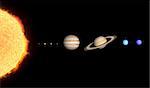 A rendered comparison of the Sun and the Planets Mercury, Venus, Earth, Mars, Jupiter, Saturn, Uranus and Neptune.