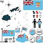 Vector of Fiji set with detailed country shape with region borders, flags and icons