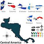 Vector of political map of Central America set with buttons flags on white background