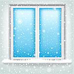 The plastic window and falling snow, winter theme.