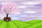 Spring illustration with a lonely house and flowering tree. A girl flies a kite.