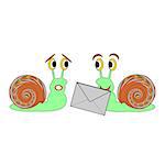 Two funny cartoon snails with a letter. Vector-art illustration