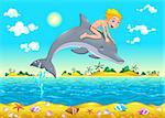 The boy and the dolphin in the sea. Cartoon vector illustration, isolated objects