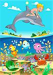 Boy and dolphin with fish unde the sea. Funny cartoon vector illustration