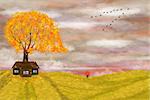 Autumn illustration with a little girl with an umbrella. Yellow tree and a lone house in the rain.