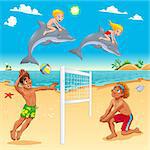 Funny summer scene with dolphins and beachvolley. Cartoon vector illustration.