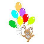 A funny rabbit with many colorful balloons. Vector-art illustration