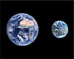 A comparison of the Planet Earth and a terraformed Mars on a clean black background.
