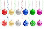 The multicolored christmas bauble and ribbons isolated on the white background