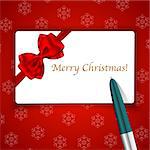 Merry Christmas card and pen on snowflake background. Vector illustration