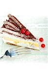 fresh ribes and whipped cream dessert cake slice with cocoa powder on top