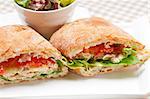 italian ciabatta panini sandwich with chicken and tomato