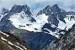 Summer alpine view with snow retention constructions on mountain (Warth, Vorarlberg, Austria).