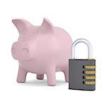 Combination lock and pink piggy bank. Isolated render on a white background