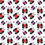 Seamless panda with pillow shaped heart. White background.