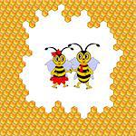 A couple of two funny cartoon bees surrounded by honeycombs. Vector-art illustration