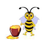 A funny cartoon bee with a pot of honey. Vector-art illustration on a white background