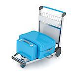 Airport trolley with blue suitcases on white background