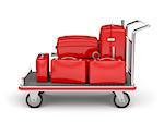 Airport luggage cart with red suitcases on white background