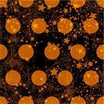 Seamless grungy black pattern with orange polka dots and stars (vector EPS 10