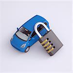 Blue small car and combination lock. 3d render on gray background