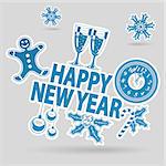 New Year Sticker with Clock, Glass, Candy and Snowflakes