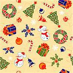 Christmas Seamless Background on Rice Paper with snowflake, bell, tree, wreath, vector illustration