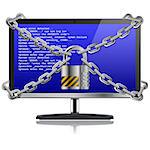 Business concept - Code Padlock with chain protects Computer with warning sign on the monitor screen, isolated on white background, vector illustration