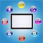 Tablet PC and program icons. The concept of computer software