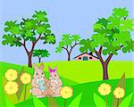 Two hares with painted     Easter eggs standing in a     garden with trees and     yellow flowers.