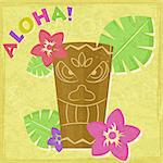 Vintage Vacation Retro Aloha Card with Totem and Flowers
