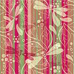 Seamless  striped grungy pattern with leaves and translucent dragonflies (vector eps 10)