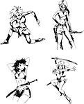 Girls teenagers as amazons. Set of black and white vector illustrations.