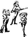 Girls teenagers with gun. Set of black and white vector illustrations.
